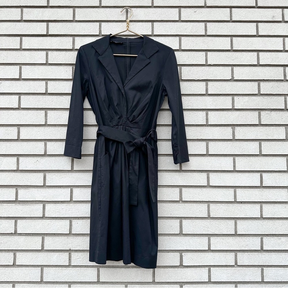 Lafayette 148 New York Black Belted Shirt Dress Notched Lapel Pockets 8 Office